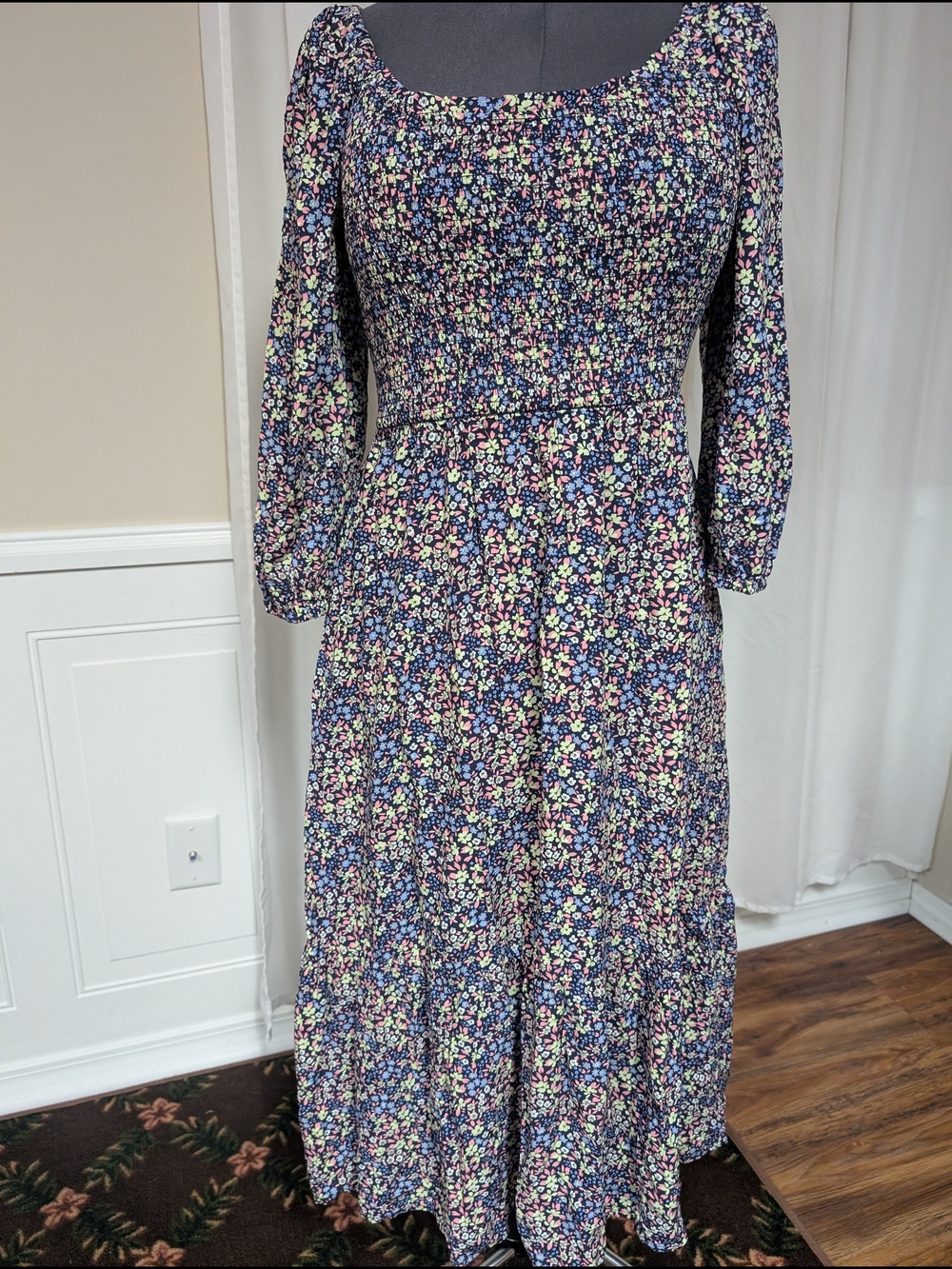 GAP Navy Floral Maxi Dress with Smocked Bodice